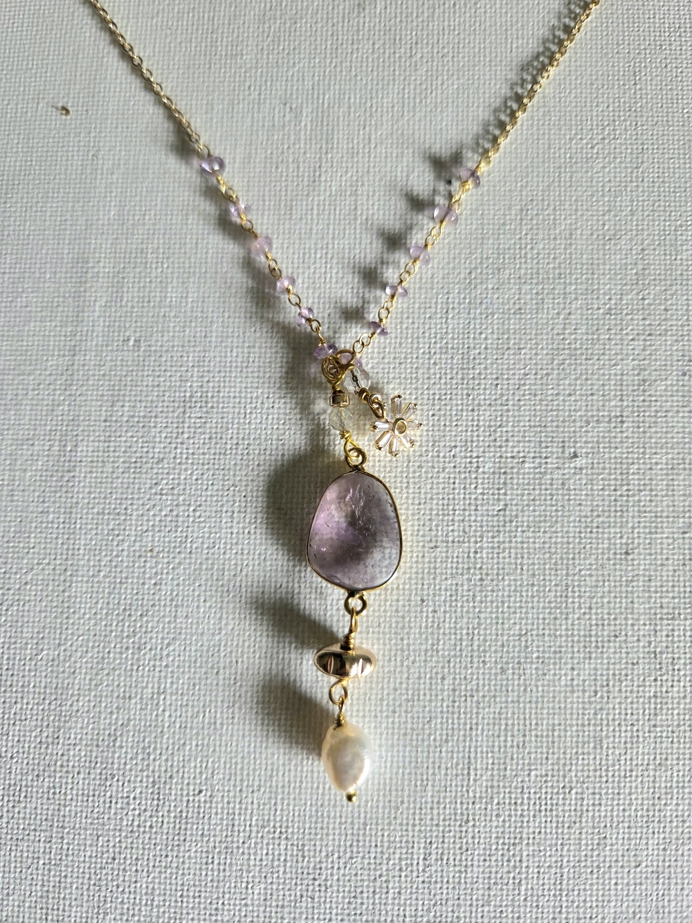Gold-Plated Necklace with Lavender Gem and Pearl Drop